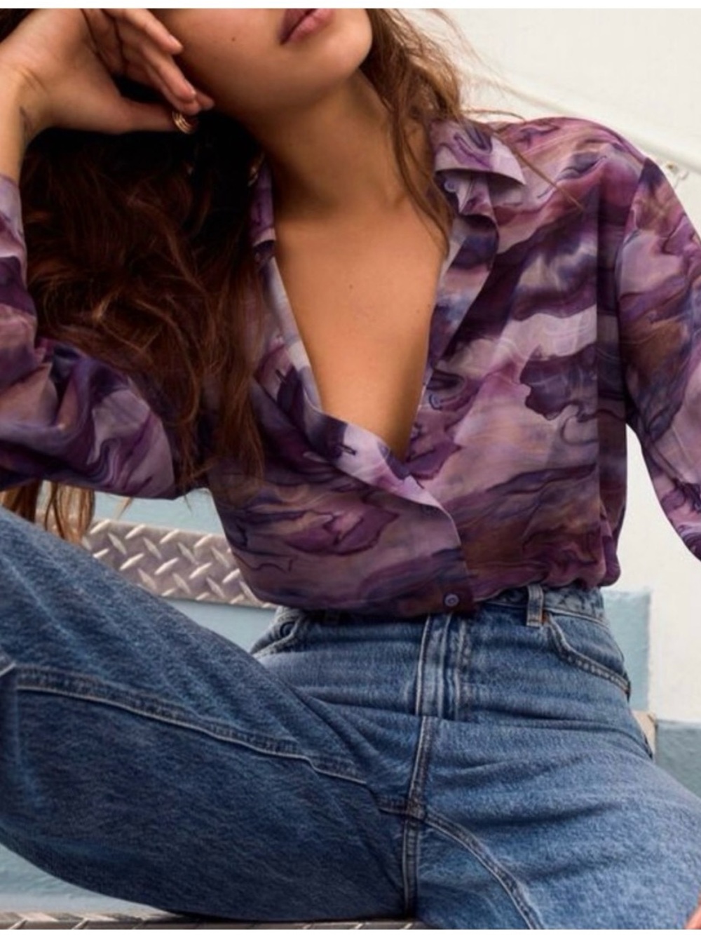 Dynamite Frida Sheer Marble-Print Purple Button-Up Blouse